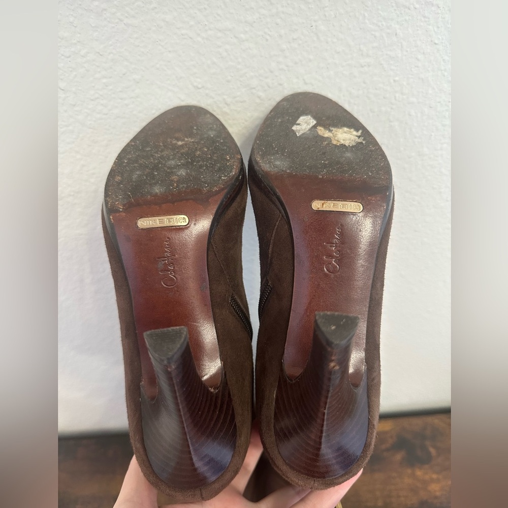 Cole Haan Dark Brown Suede Knee-High Heeled Boots with Gold Buckle - Picture 10 of 16